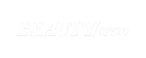 Bold white text "BEAUTY/crew" on a sleek black background, showcasing luxury aesthetics.