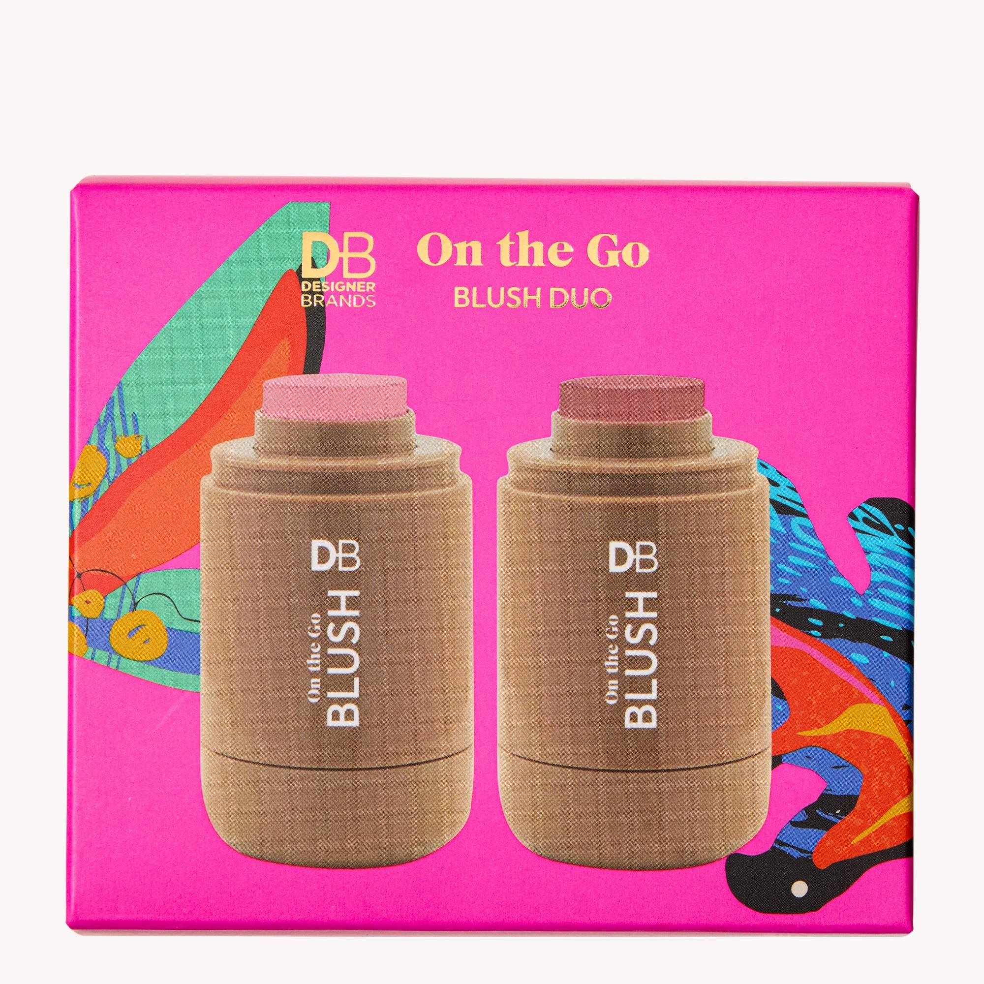 Blush duo packaging with colorful design on a pink background
