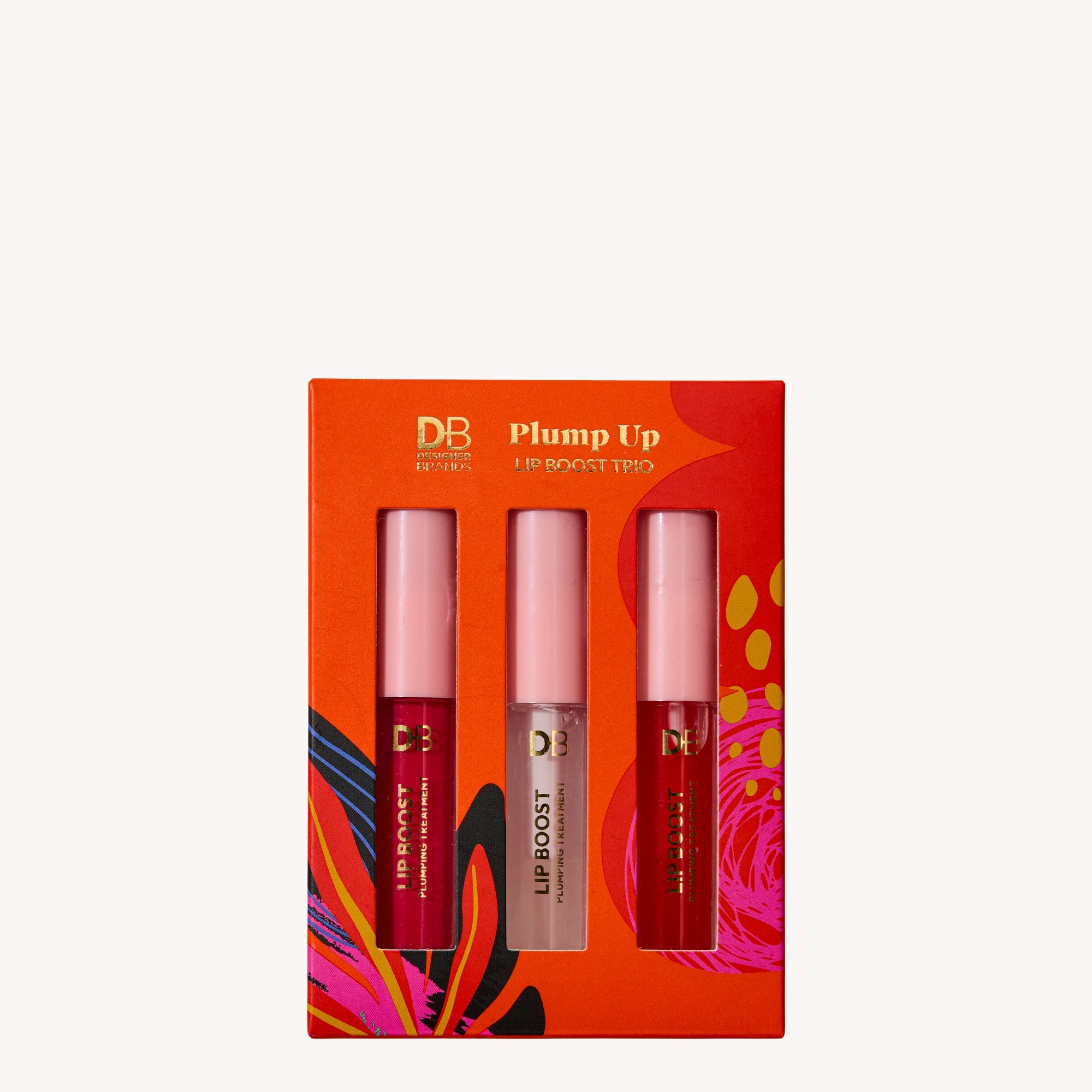 DB Beauty lip product set with three lipsticks in a colorful box on a white background