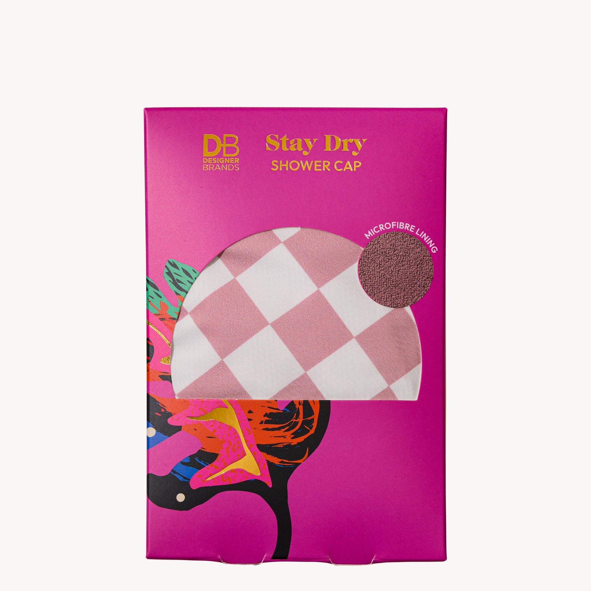 Pink box containing a shower cap with a pink and white checkered pattern. Text reads "DB Brands Stay Dry Shower Cap Microfibre Lining."