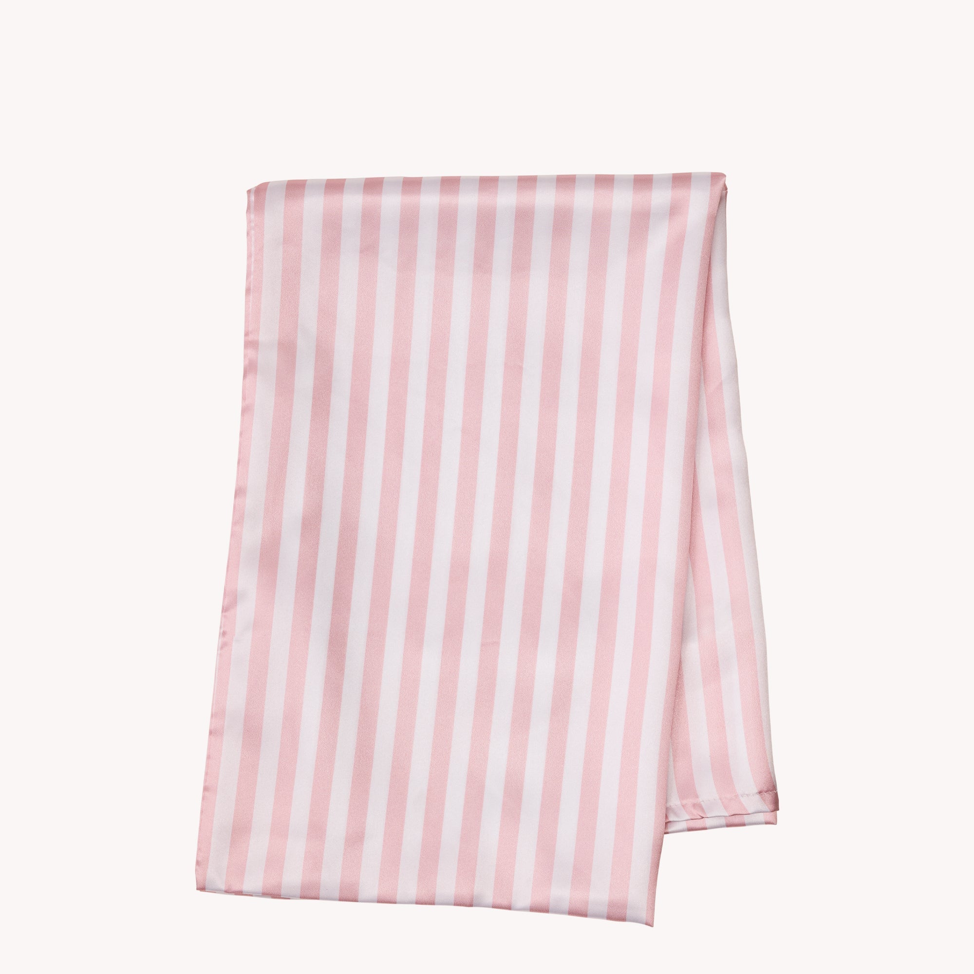 Pink and white striped silk scarf, neatly folded on a light background. Luxurious and elegant fashion accessory.