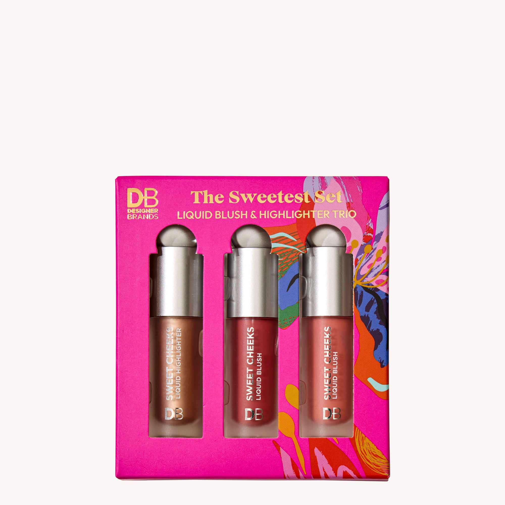 Three liquid blushes in a colorful box with 'DB Brands' branding on a white background.