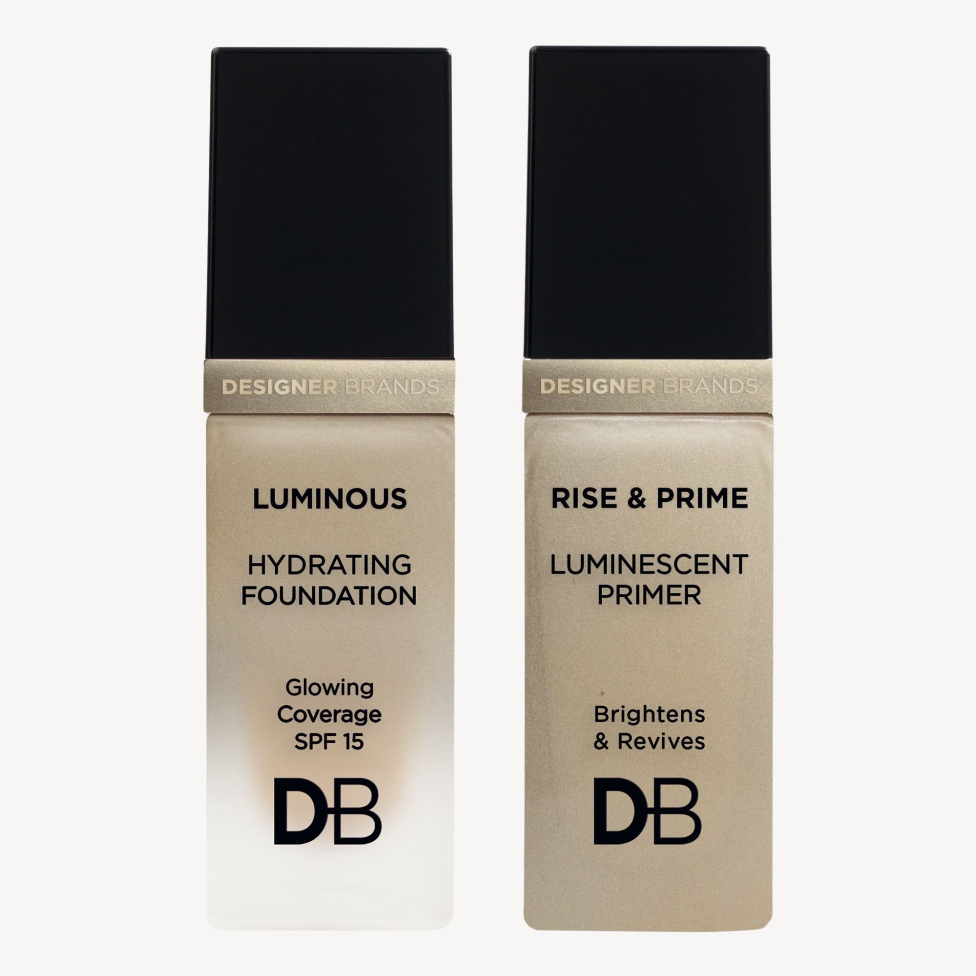 Luminous foundation and primer bottles with black caps, featuring "Designer Brands" logo. Offers glowing coverage, SPF 15, brightens and revives.