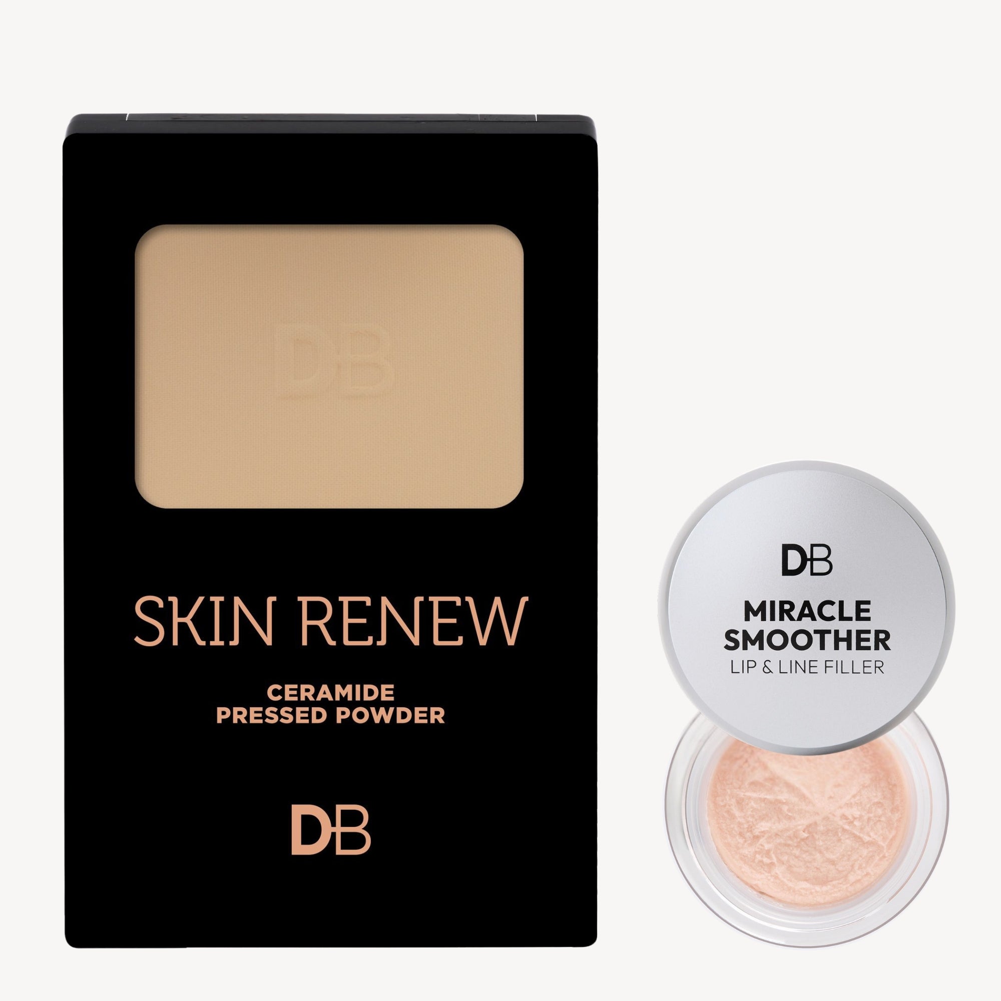 Skin Renew Ceramide Pressed Powder and Miracle Smoother Lip & Line Filler by DB. Elegant packaging with a sleek, luxury design.