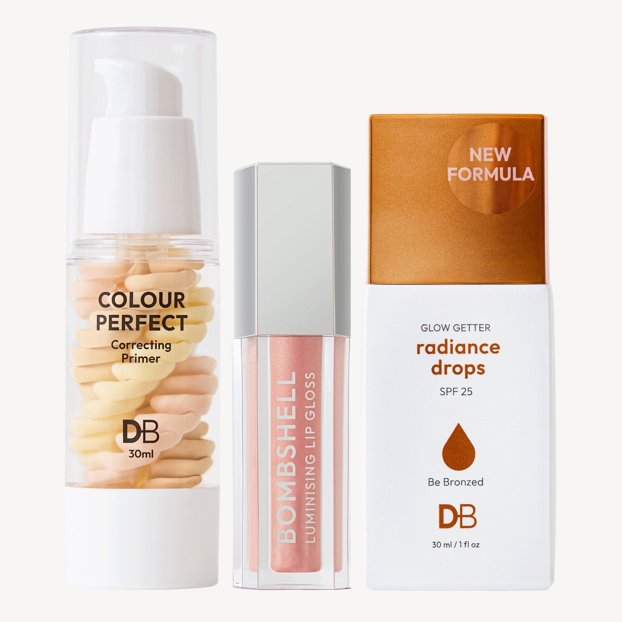 Three beauty products: Colour Perfect primer, Bombshell lip gloss in a silver cap, and Glow Getter Radiance Drops SPF 25 in an amber-topped bottle.