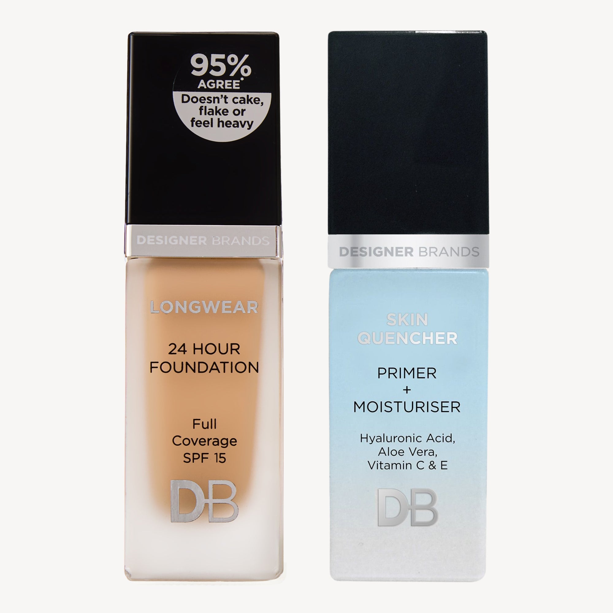 Two Designer Brands products: a longwear 24-hour foundation with SPF 15 and a skin quencher primer moisturiser with hyaluronic acid in sleek bottles.
