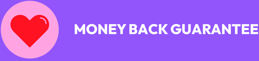 Purple banner with a pink circle featuring a red heart on the left and "Money Back Guarantee" text in white on the right.
