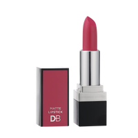 Matte pink lipstick in a silver and black case with "DB" and "Matte Lipstick" labels; elegant, high-end cosmetic packaging.