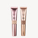 Two beauty wands on a white background: one pink for highlighting, labeled "Champagne Fizz," and one gold for contouring, labeled "Medium-Deep."