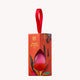Red packaging box with a pink makeup blender and decorative elements on a white background