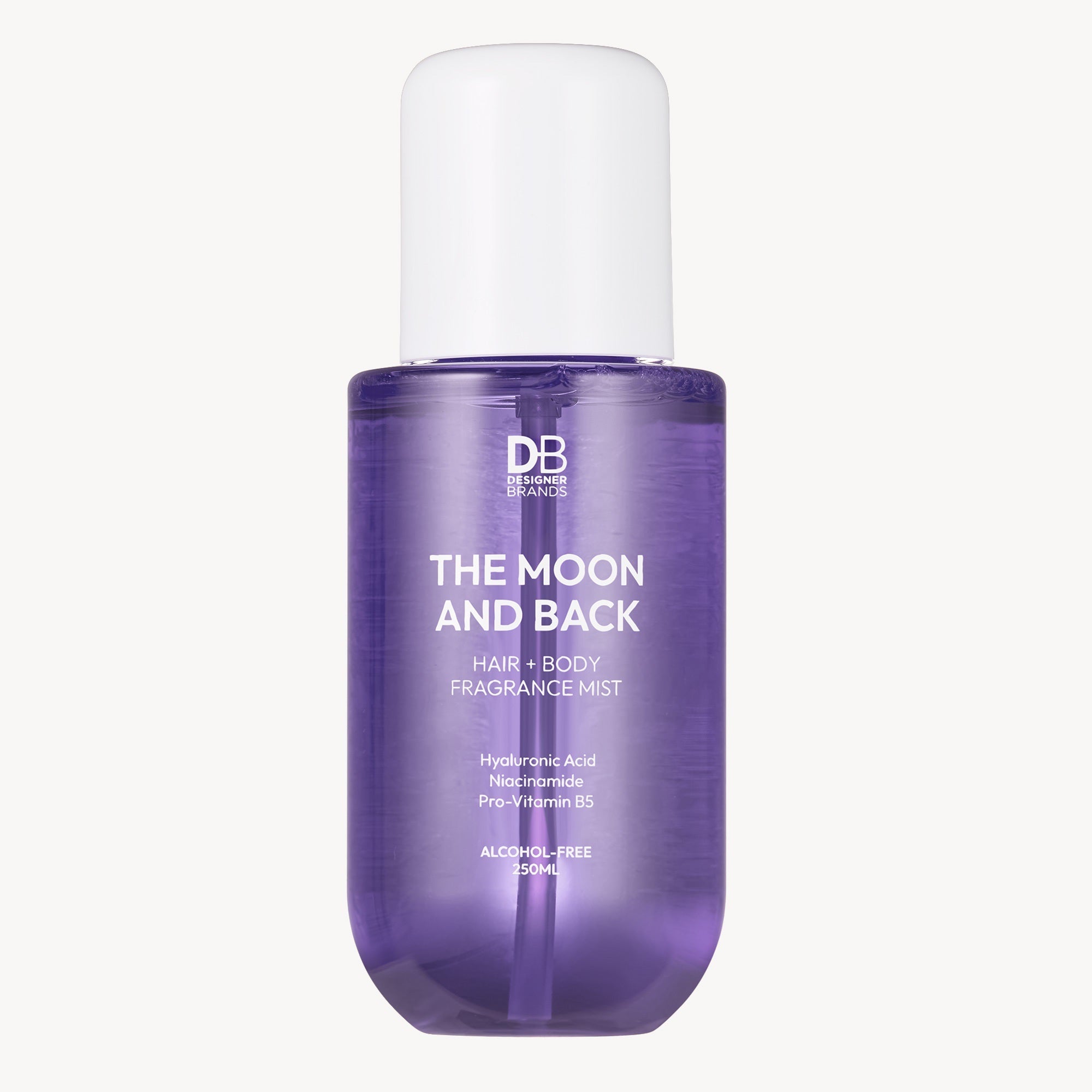 Purple bottle of 'The Moon and Back' hair and body fragrance mist on a white background