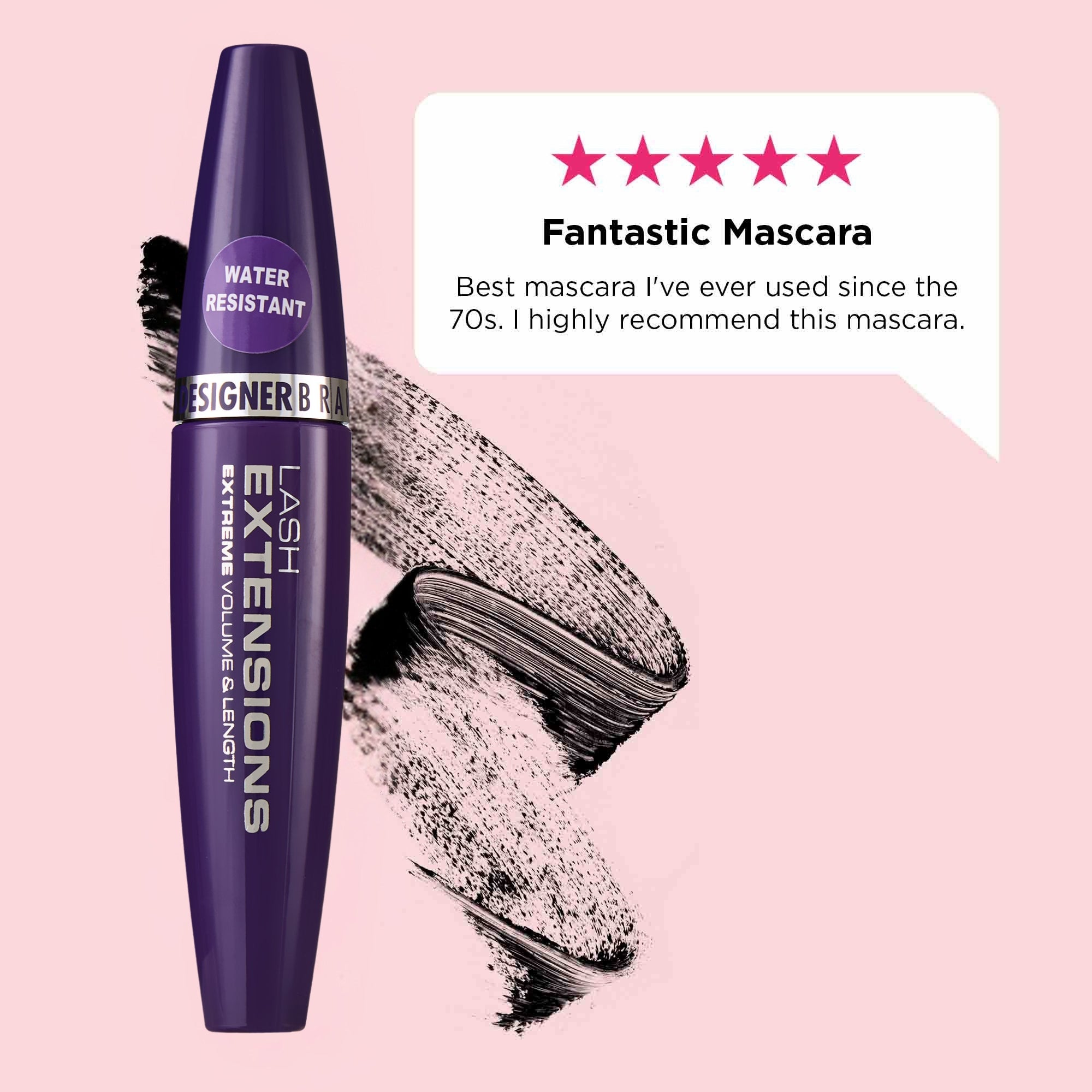 Purple mascara tube labeled "Lash Extensions," water-resistant. Background features mascara swatch, pink stars, and a review praising the product.
