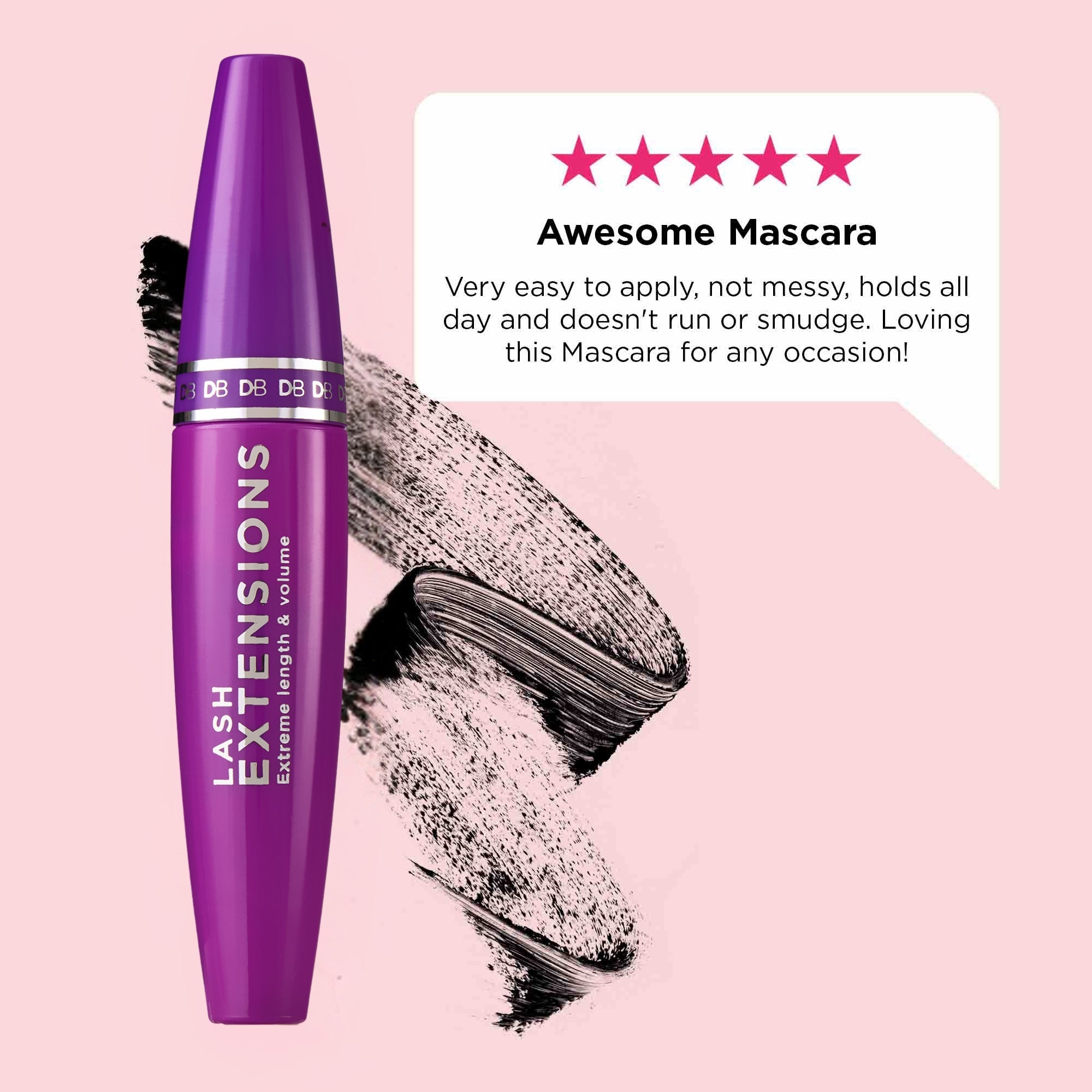 Purple mascara tube on pink background with five-star review. Highlights include lash extensions, extreme length, and volume. Black mascara strokes are featured.