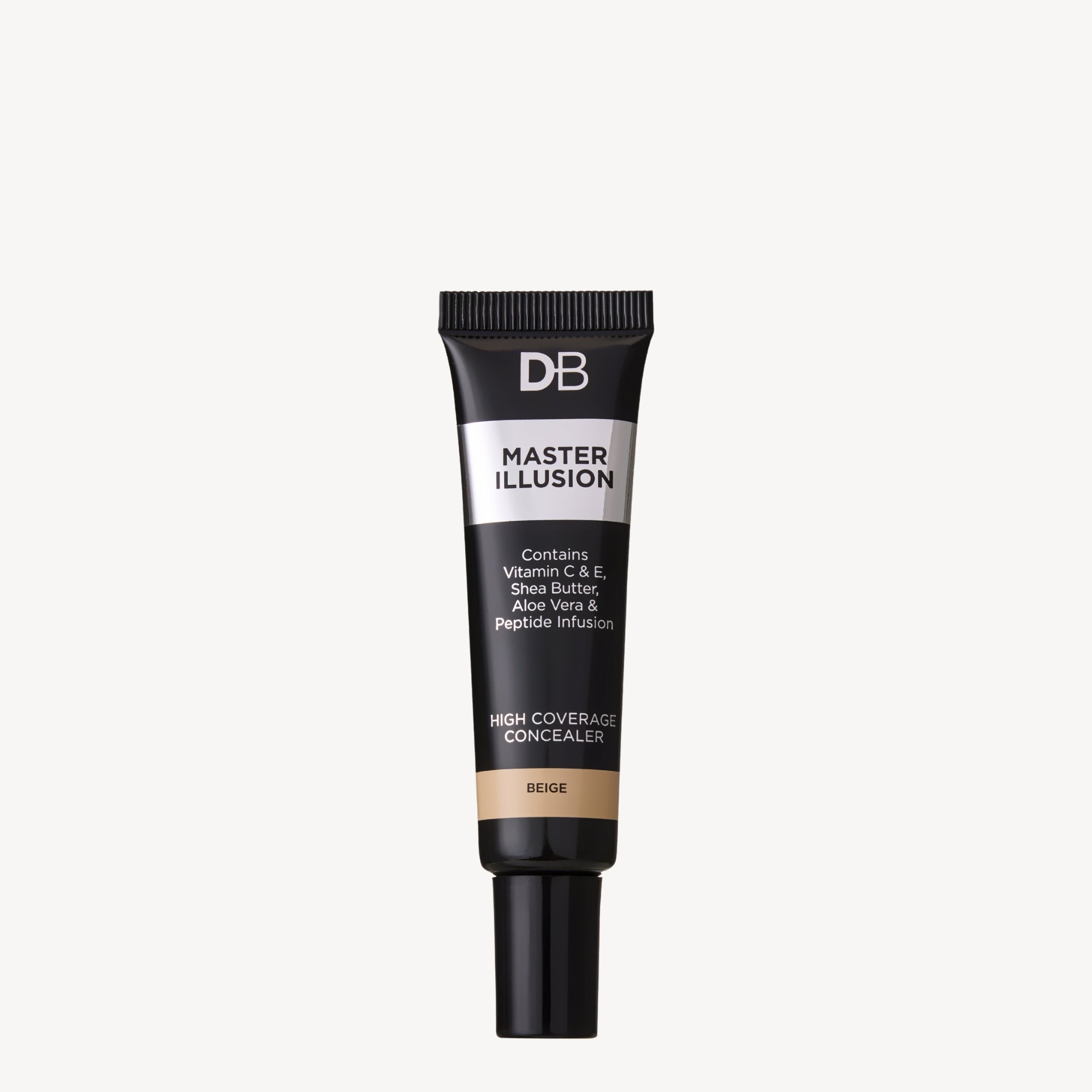 Black and beige tube of DB Master Illusion high-coverage concealer. Contains Vitamin C, E, Shea Butter, Aloe Vera, and peptide infusion.