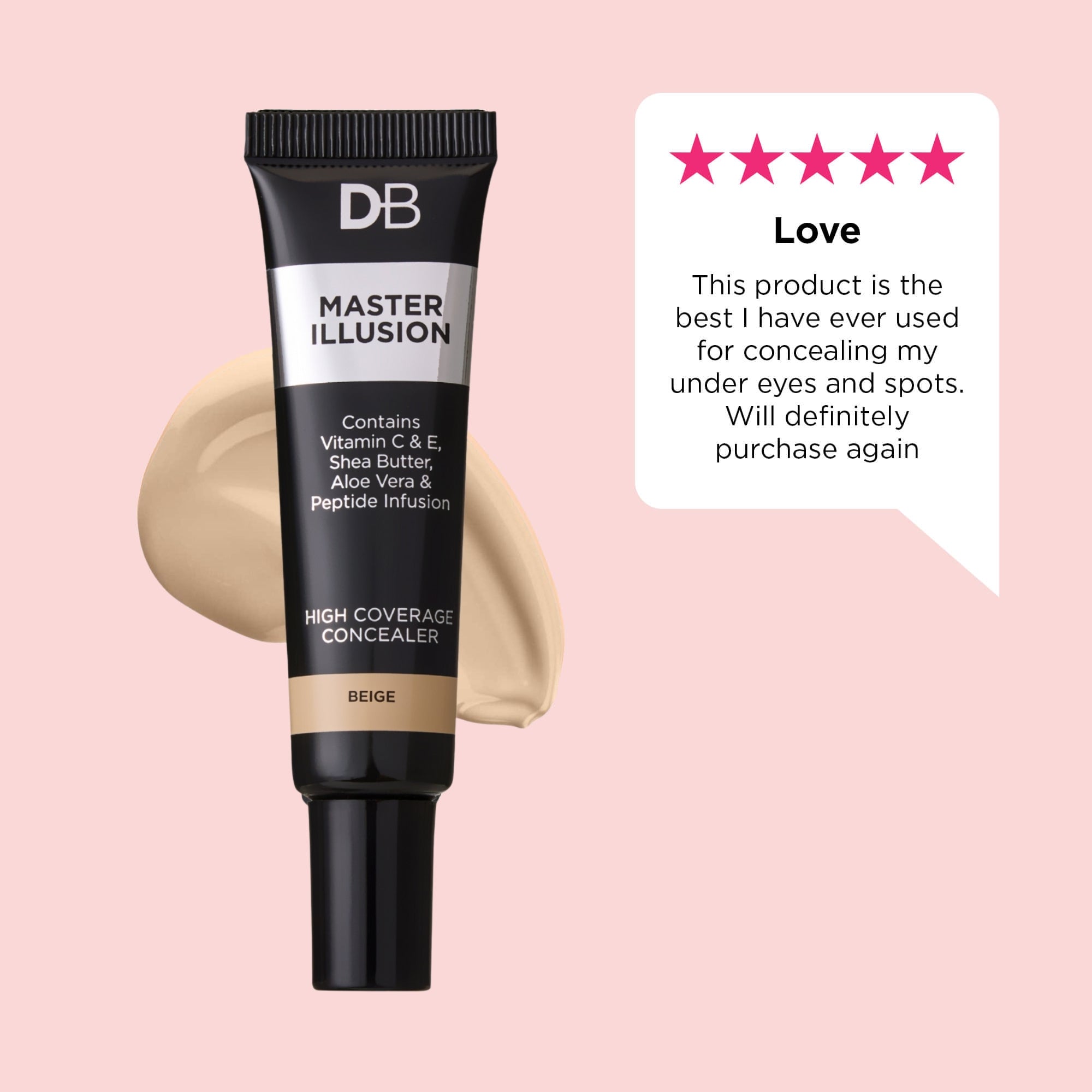 Tube of DB Master Illusion high coverage concealer with a beige cream smear. Includes a 5-star review praising its efficacy.