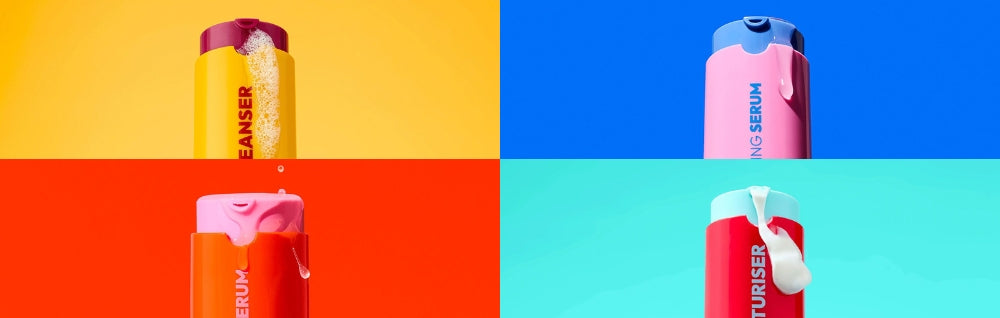 Four vibrant skincare bottles against colourful backgrounds: yellow cleanser with bubbles, pink serum, orange moisturiser, and red moisturiser.