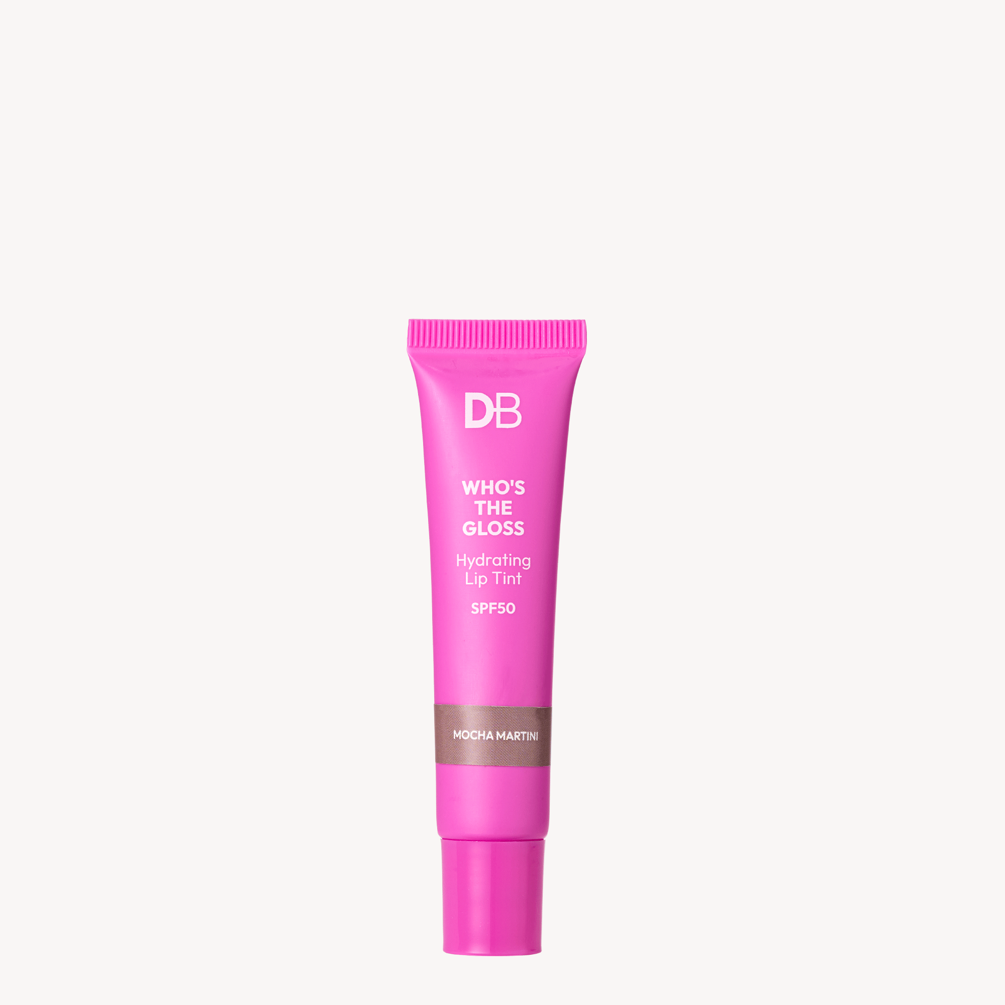 Pink tube of 'WHO'S THE GLOSS' on a white background