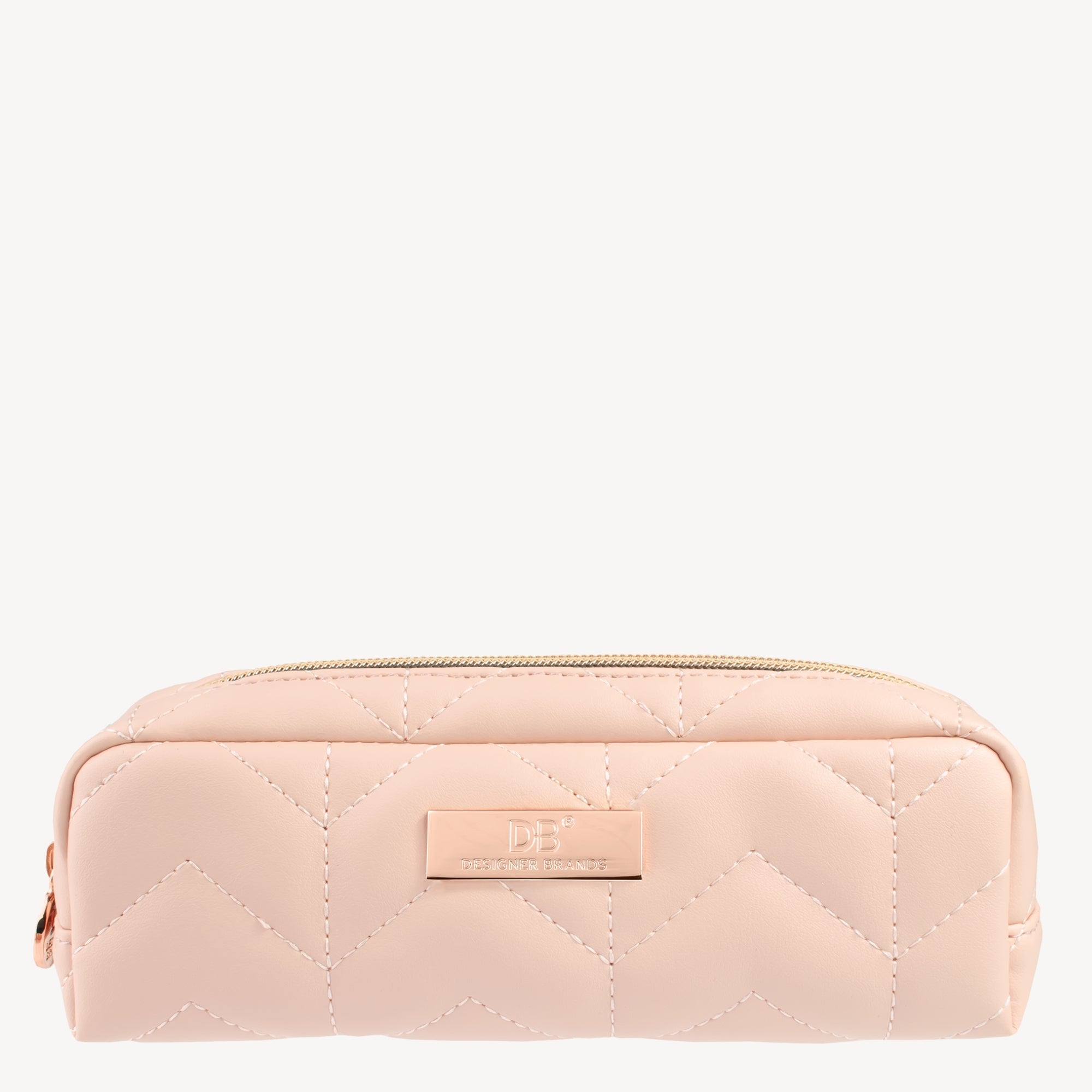 Quilted blush pink makeup bag with a zipper and embossed logo on a metal plate, perfect for luxury jewellery storage.