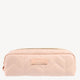 Quilted blush pink makeup bag with a zipper and embossed logo on a metal plate, perfect for luxury jewellery storage.