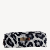 Leopard print makeup pouch with Designer Brands logo, featuring a sleek rectangular shape and metallic label, ideal for luxury accessories storage.