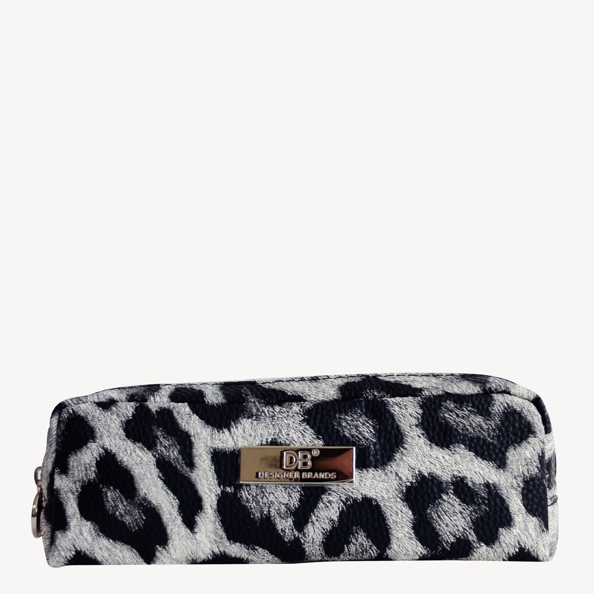 Leopard print makeup pouch with Designer Brands logo, featuring a sleek rectangular shape and metallic label, ideal for luxury accessories storage.