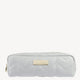 Elegant white quilted jewellery pouch with a gold zipper and branded plaque, ideal for high-end jewellery storage and travel.