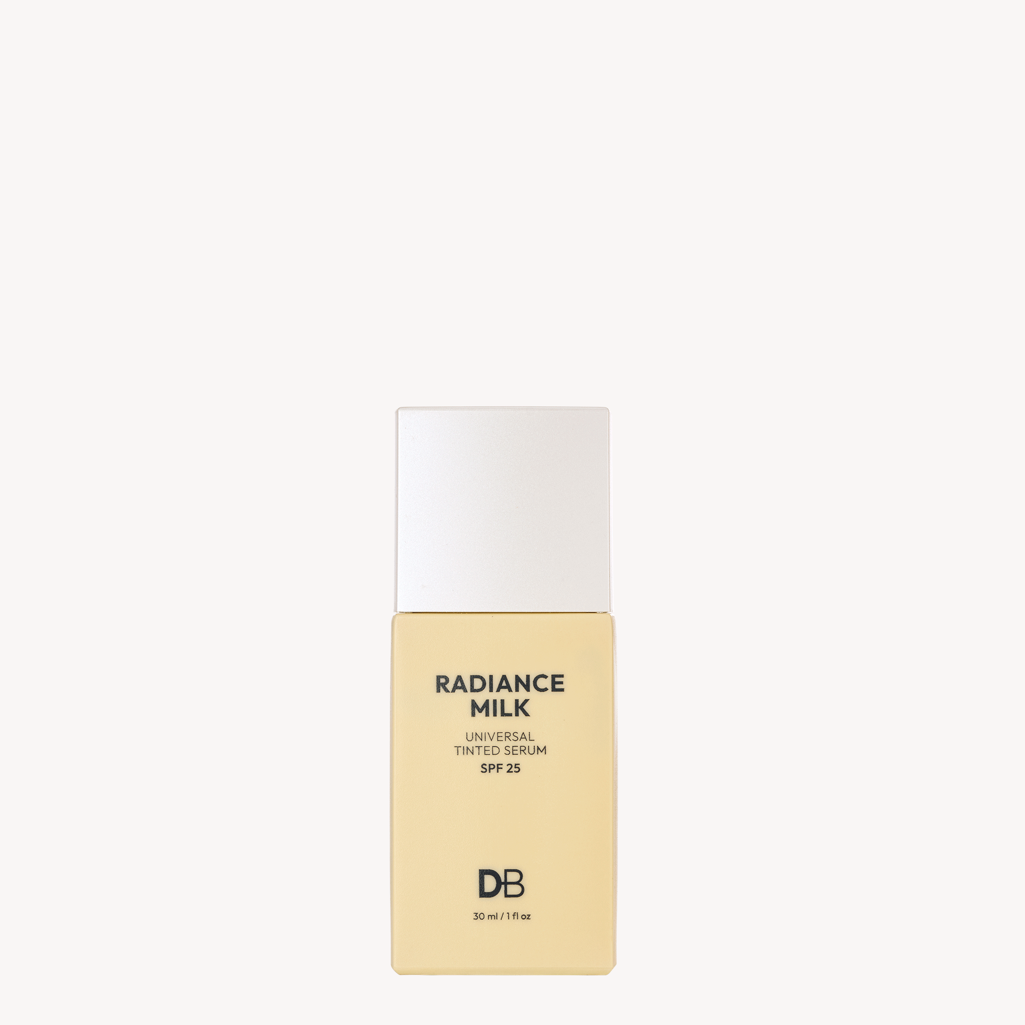 Serum bottle labeled 'Radiance Milk' with 'DB' branding on a white background