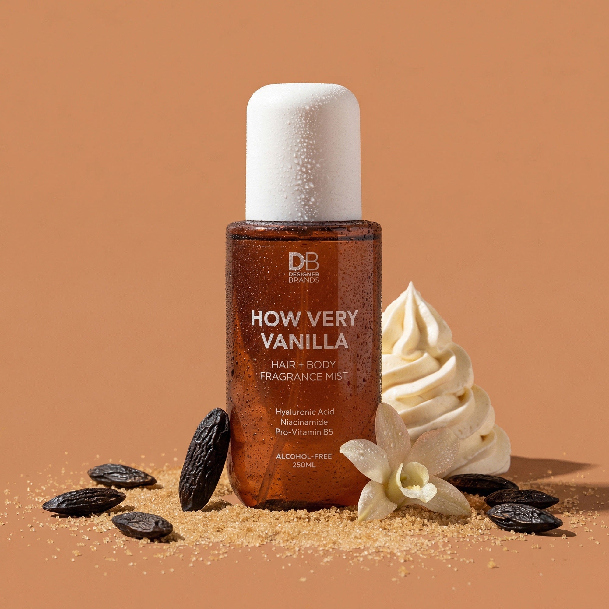 Vanilla-scented product with vanilla bean and cream on a brown background