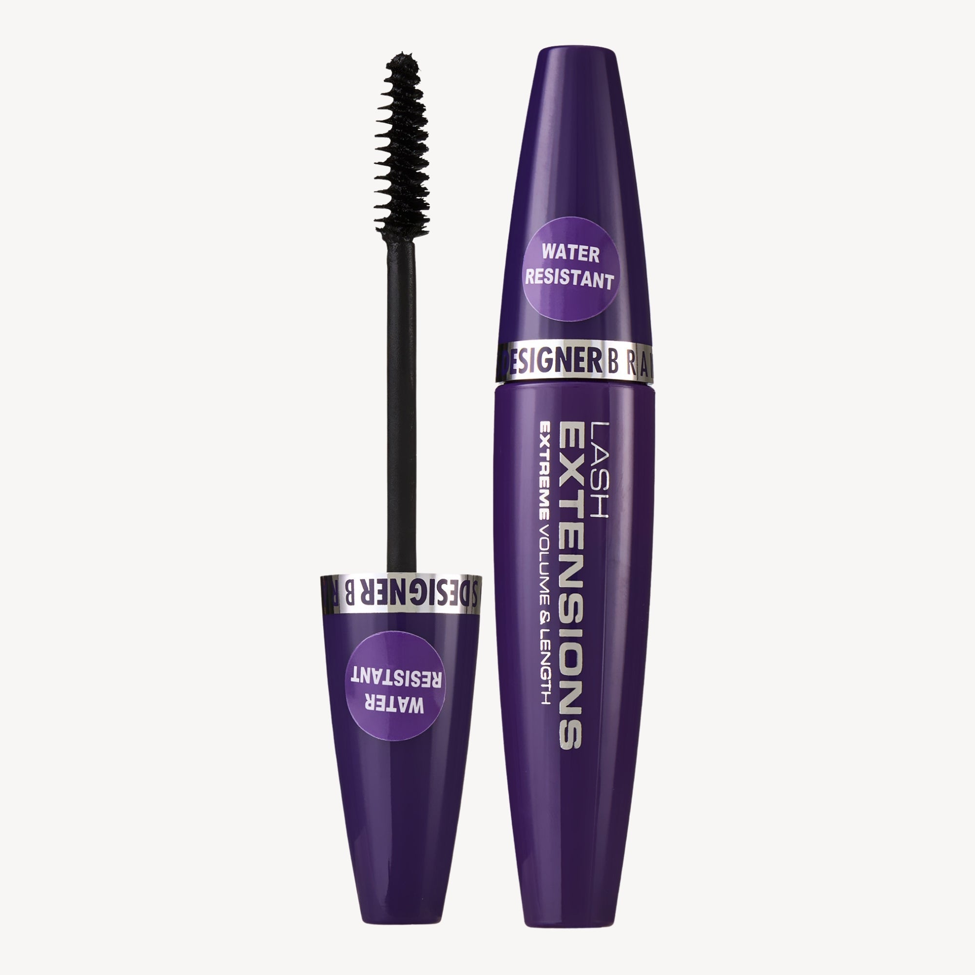 Purple mascara tube with black wand, labelled "Lash Extensions", promising extreme volume and length. Water-resistant, Australian beauty product.