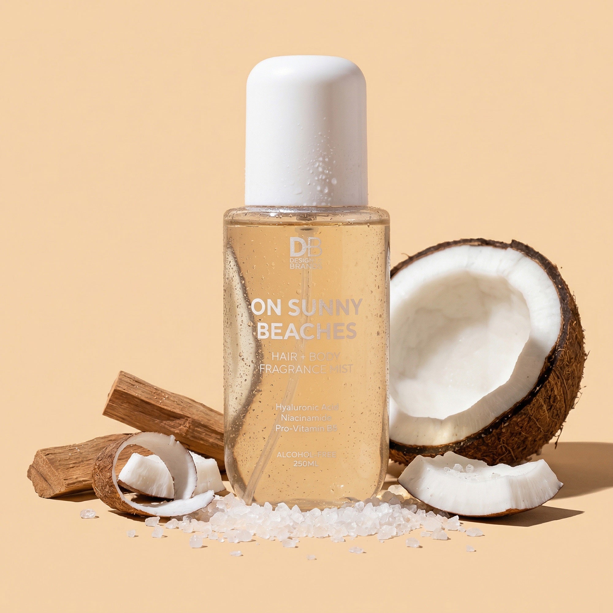 Skincare bottle labeled 'On Sunny Beaches' with a coconut and cinnamon sticks on a beige background