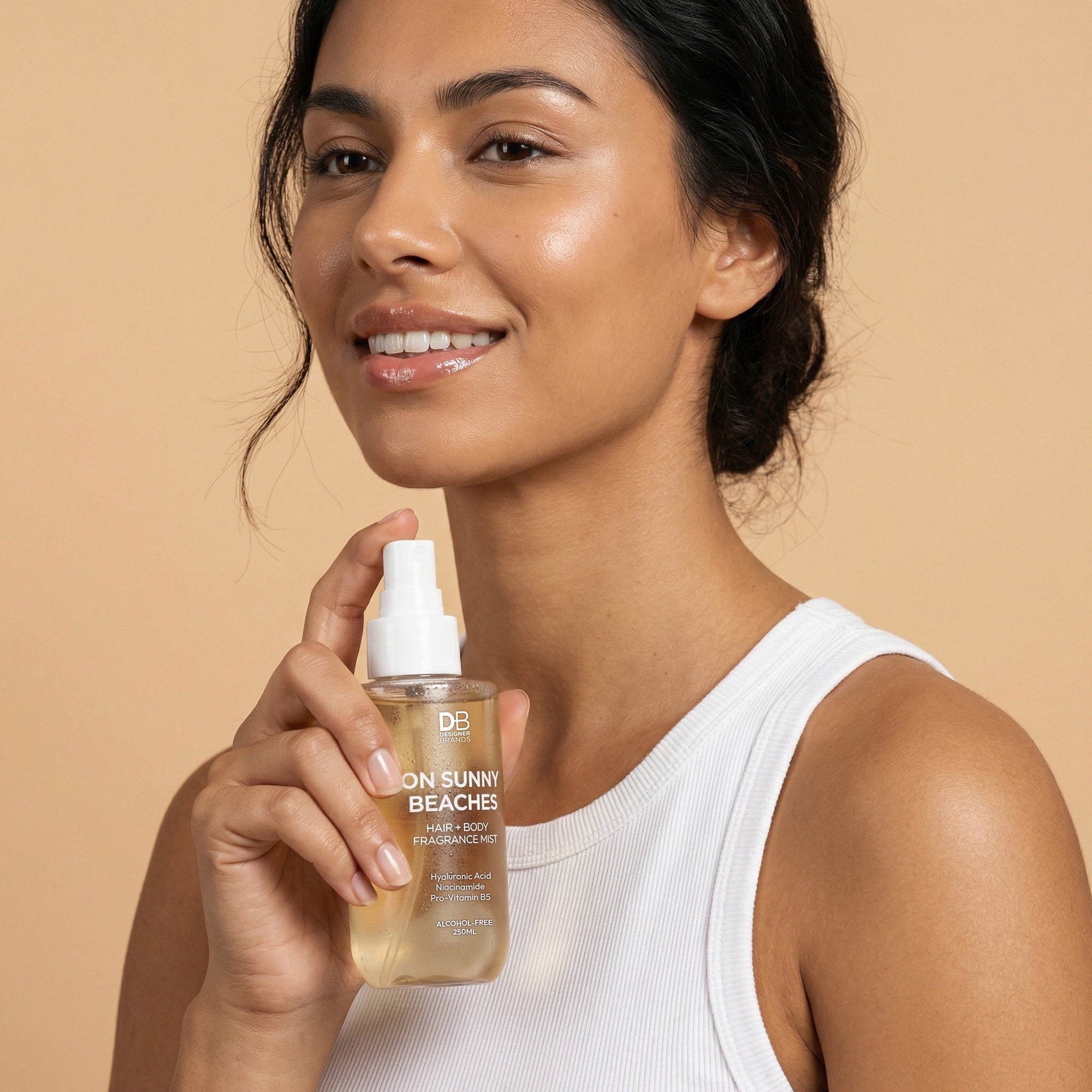 Woman holding a bottle of 'On Sunny Beaches' product against a beige background