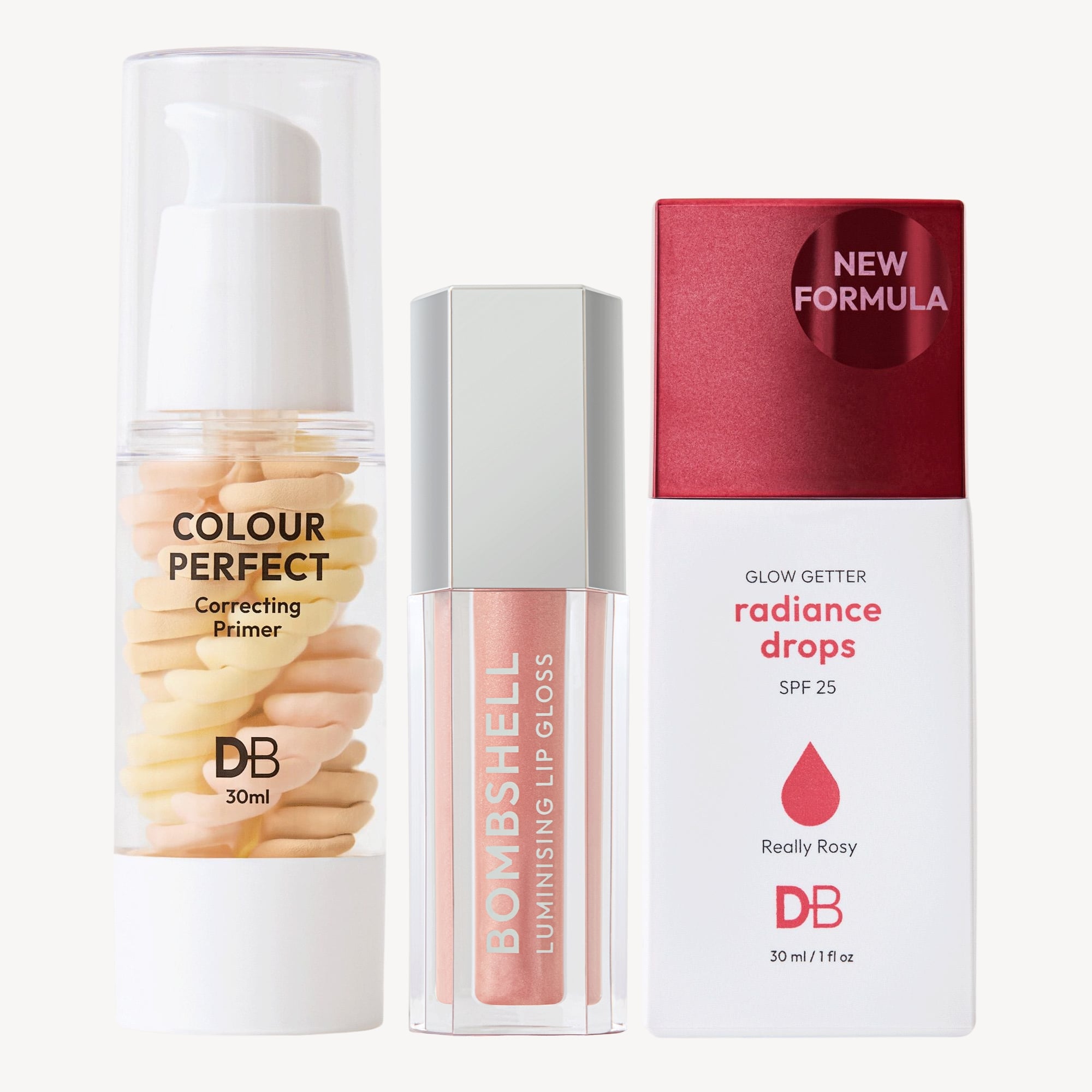 Trio of beauty products: Colour Perfect Primer, Bombshell Lip Gloss, and Radiance Drops SPF 25, arranged against a light background.